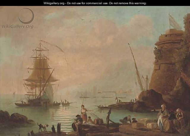 A coastal inlet with merchants on the shore and a ship beyond - (after) Claude-Joseph Vernet