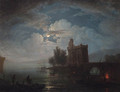 Fisherfolk on the shore of a lake by moonlight, a castle beyond - (after) Claude-Joseph Vernet