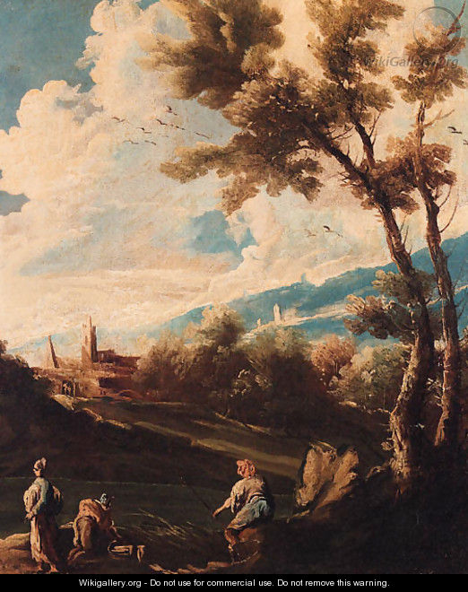 A wooded river landscape with an angler and washerwomen - (after) Alessandro Magnasco