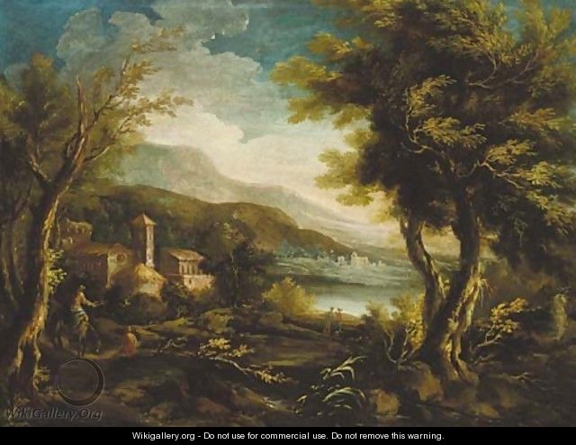 A mountainous Italianate landscape with figures and a donkey before a church - (after) Alessandro Magnasco