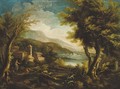 A mountainous Italianate landscape with figures and a donkey before a church - (after) Alessandro Magnasco