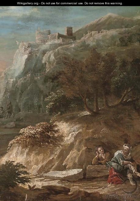 A mountainous landscape with a couple beneath a hilltop town - (after) Alessandro Magnasco