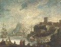 A Mediterranean costal inlet with shipping and stevedores on the shore - (after) Alessandro Magnasco
