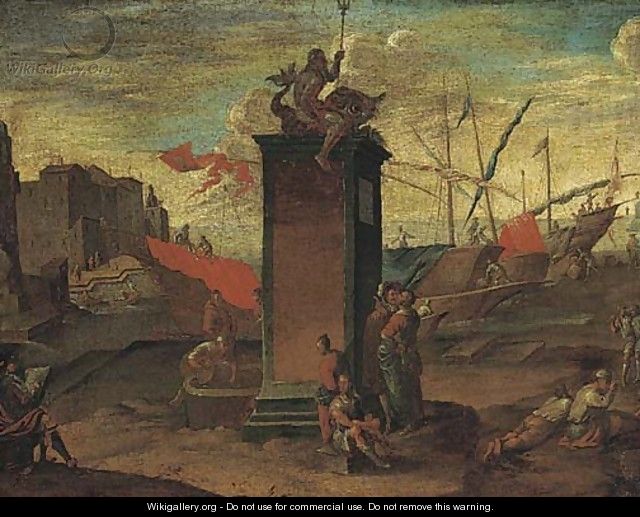 A Mediterranean harbour with a statue of Neptune being sketched by an artist, a Maltese ship moored beyond - (after) Agostino Tassi