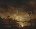 A moonlit river landscape with figures on a track, cottages beyond - (after) Aert Van Der Neer