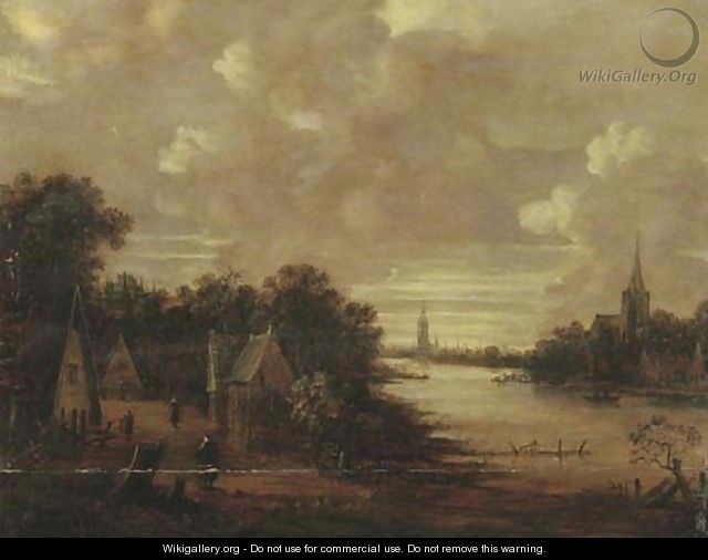 A moonlit river landscape with figures on a track, a church in the distance - (after) Aert Van Der Neer