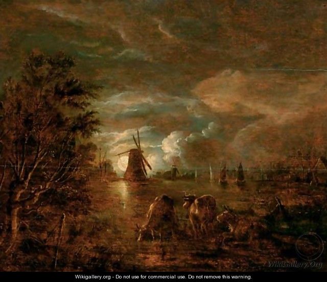 A moonlit river landscape with cows in the foreground, a windmill beyond - (after) Aert Van Der Neer