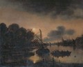 A moonlit landscape with moored vessels on a river, a village with a church beyond - (after) Aert Van Der Neer