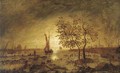A moonlit estuary with fishing boats and a town beyond - (after) Aert Van Der Neer
