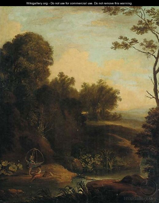 A wooded river landscape with fisherfolk in the foreground - (after) Aelbert Meyeringh
