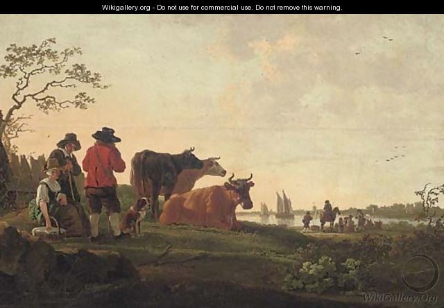A river landscape with a drover, his cattle and other figures - (after) Aelbert Cuyp
