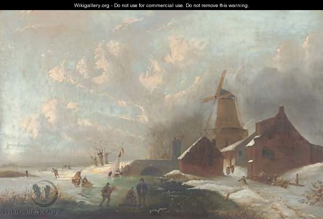 Figures on a frozen waterway - (after) Andreas Schelfhout