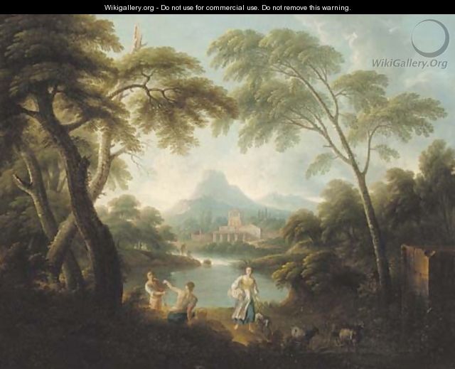 An Italianate river landscape with fishermen and a shepherdess - (after) Andrea Locatelli