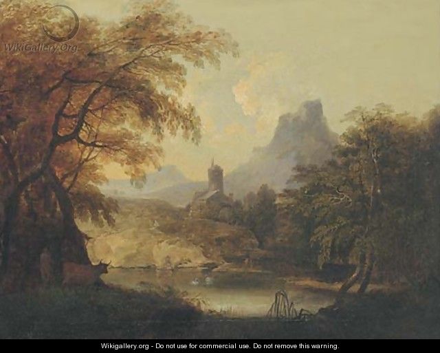 A landscape with a tower by a lake - (after) Andrea Locatelli