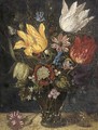 Parrot tulips and other flowers in a roemer, with a carnation and a butterfly on a ledge - (after) Ambrosius The Elder Bosschaert