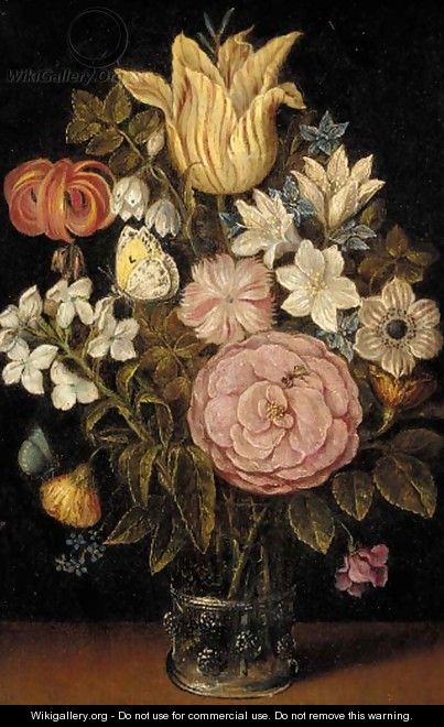 A rose, a tulip, an iris and other flowers in a glass vase, with a butterfly - (after) Ambrosius The Elder Bosschaert