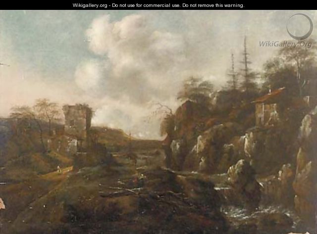 A river landscape with a mill and figures on a path - (after) Allaert Van Everdingen