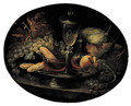 Grapes, a fig, breadrolls, wineglasses and a peach on a pewter plate - (after) Alexandre-Francois Desportes