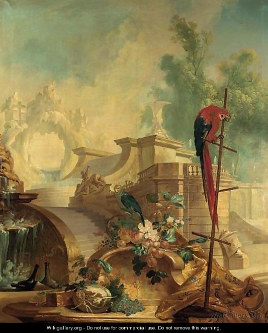 A capriccio of an Italianate garden with parrots, fruit, flowers, bottles of wine and drapery in the foreground - (after) Alexandre-Francois Desportes