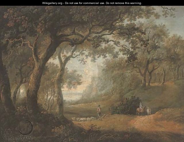 A wooded landscape with a shepherd and his flock, and a figure riding on a track - (after) Alexander Nasmyth