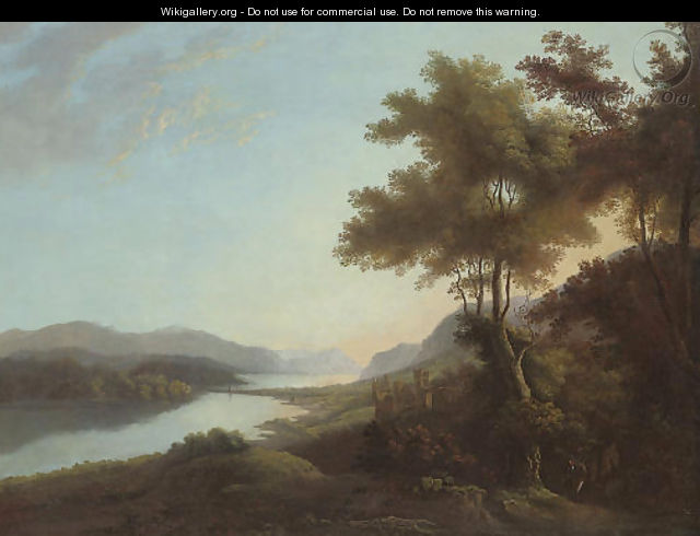 A mountainous wooded river landscape with a figure on a track and a castle beyond - (after) Alexander Nasmyth