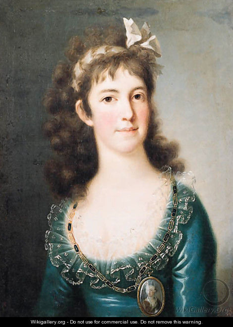 Portrait of a noblewoman, half length, wearing a blue dress with lace collar, a portrait miniature on a chain around her neck, a ribbon in her hair - (after) Mengs, Anton Raphael