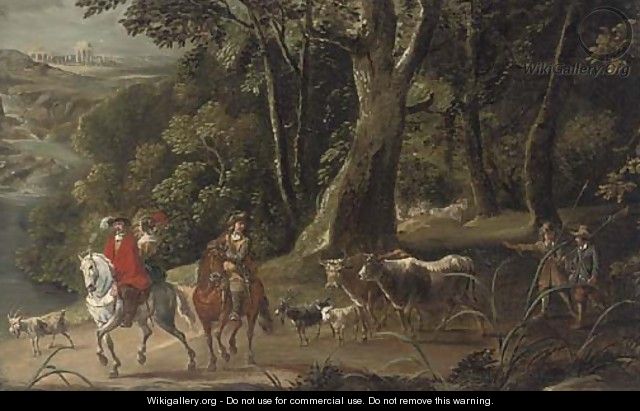A river landscape with elegant figures on horseback, drovers and their cattle behind - (after) Anton Mirou