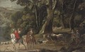 A river landscape with elegant figures on horseback, drovers and their cattle behind - (after) Anton Mirou