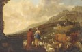 A shepherd and shepherdess with cattle, sheep and goats in a landscape, a village beyond - (after) Anthonie Goubau