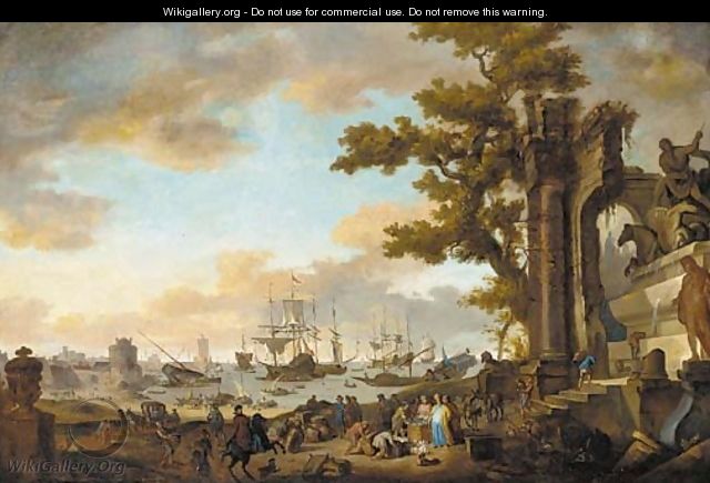 A Mediterranean coastal inlet with merchants by classical ruins - (after) Anthonie Goubau