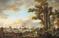 A Mediterranean coastal inlet with merchants by classical ruins - (after) Anthonie Goubau