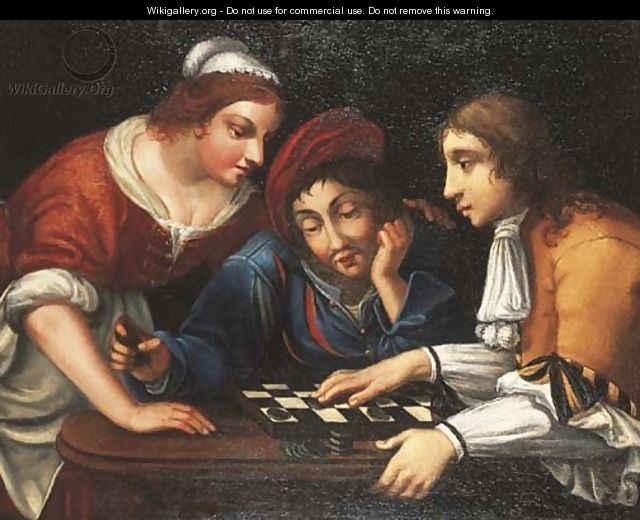 Peasants playing draughts in an interior - (after) Angelo Caroselli