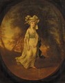 Portrait of a girl, small full-length, in a white dress with blue sash, in a landscape, feigned oval - (after) Kauffmann, Angelica