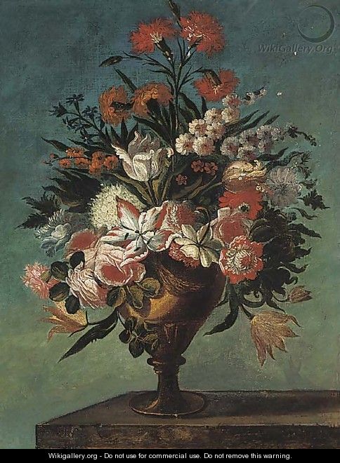 Carnations, roses, tulips, bluebells and other flowers in an urn on a ledge - (after) Bartholome Perez