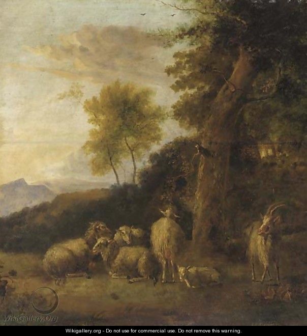 A wooded landscape with a group of sheep and goats resting - (after) Balthasar Paul Ommeganck