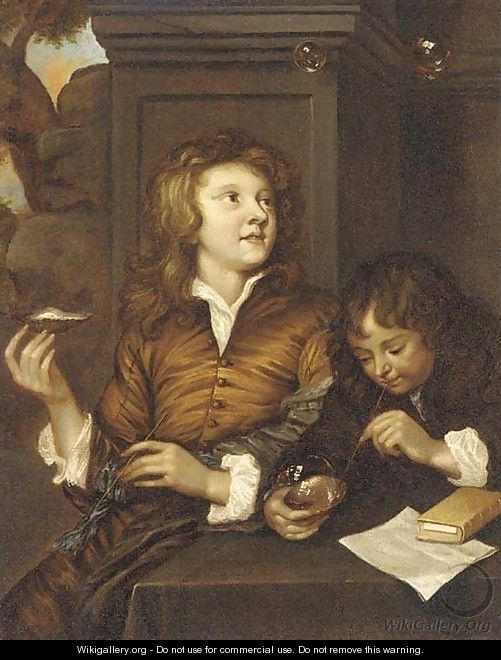 Two boys blowing bubbles from oyster shells - (after) Arnold Boonen