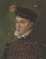 Portrait of a boy, half-length, in a black plumed cap and a gold embroidered black doublet - (after) Antonis Mor
