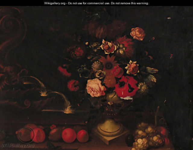 Still life of mixed flowers in an urn on a ledge with grapes and apples by a fountain - Dutch School