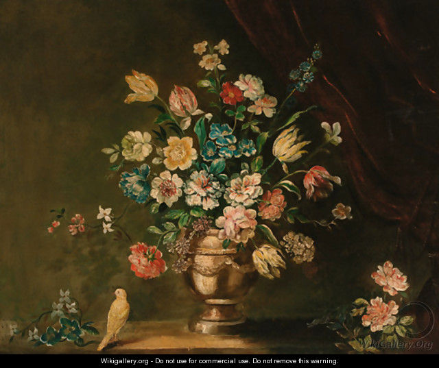 Parrot tulips, carnations and other flowers in a pewter urn with a dove, on a stone ledge - Dutch School