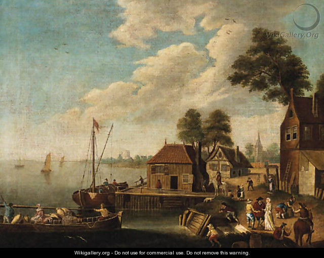 Figures on a Quayside in a River Estuary - Dutch School