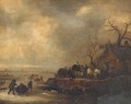 Figures on a frozen lake, with an inn on the bank - Dutch School