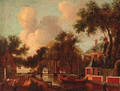 Figures by a canal, a house beyond - Dutch School