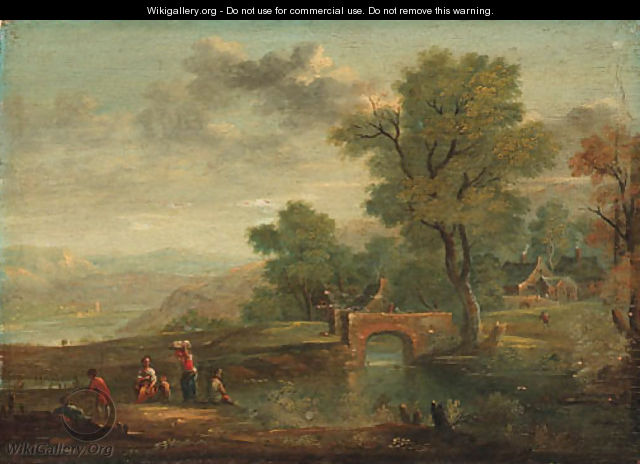 A Village and Villagers by a River - Dutch School