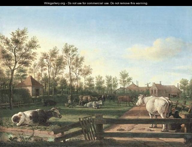 Cattle in an enclosed pasture - Dutch School