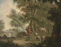 A wooded river landscape with a shepherd and shepherdess resting under a tree with their flock - Dutch School