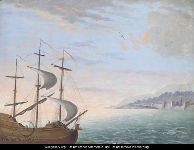 A three-masted ship sailing near the coast - Dutch School