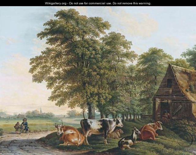 A landscape with cows in a farmyard and two travellers resting by the side of a road - Dutch School