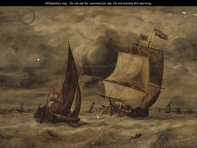 A Dutch man-of-war and other shipping in a stormy sea - Dutch School