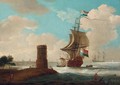 A coastal landscape with a tower and Dutch warships, a town beyond 2 - Dutch School