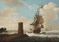 A coastal landscape with a tower and Dutch warships, a town beyond - Dutch School
